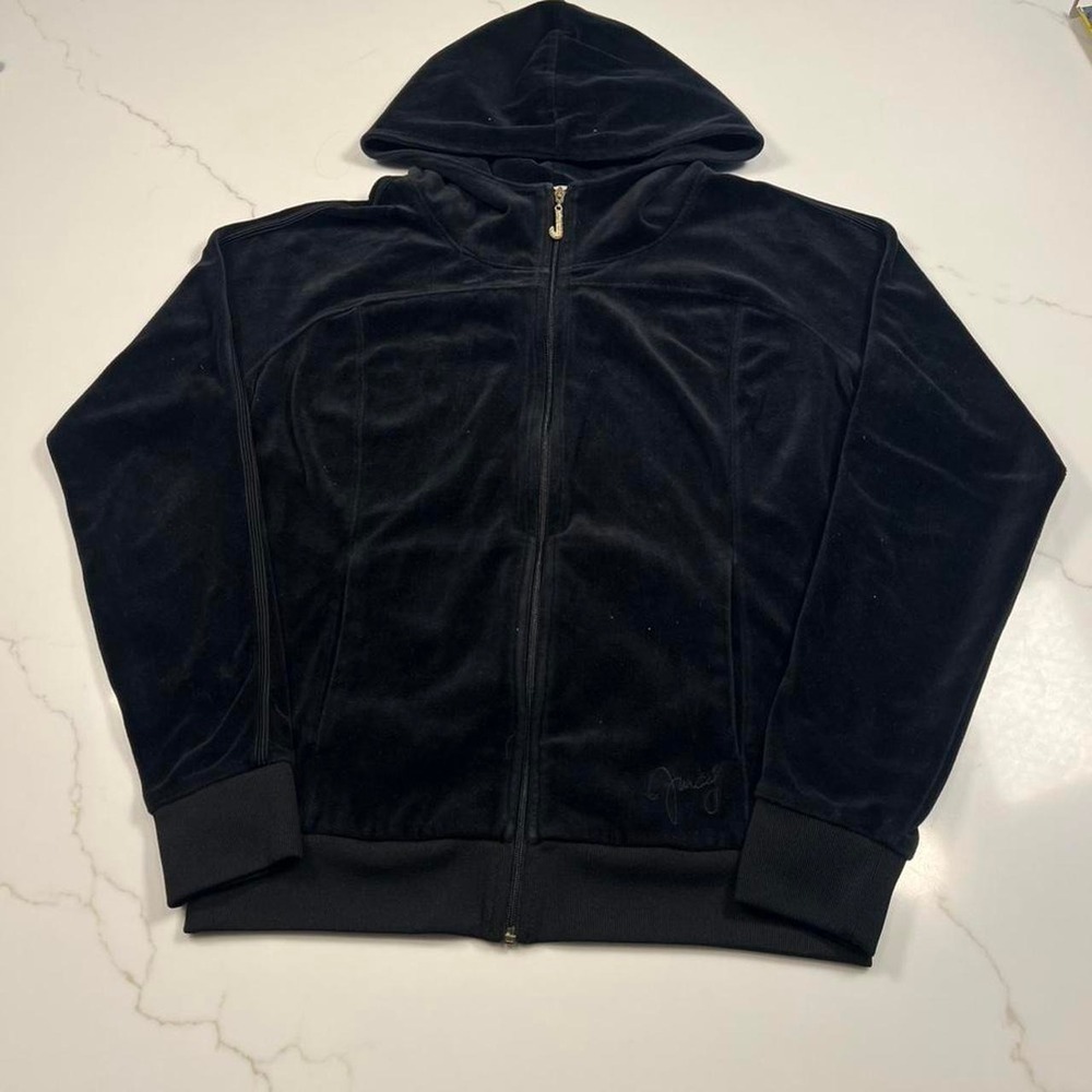 Juicy Couture Velour Hoodie Womens Medium Black Rhinestone J Zipper Y2K Track